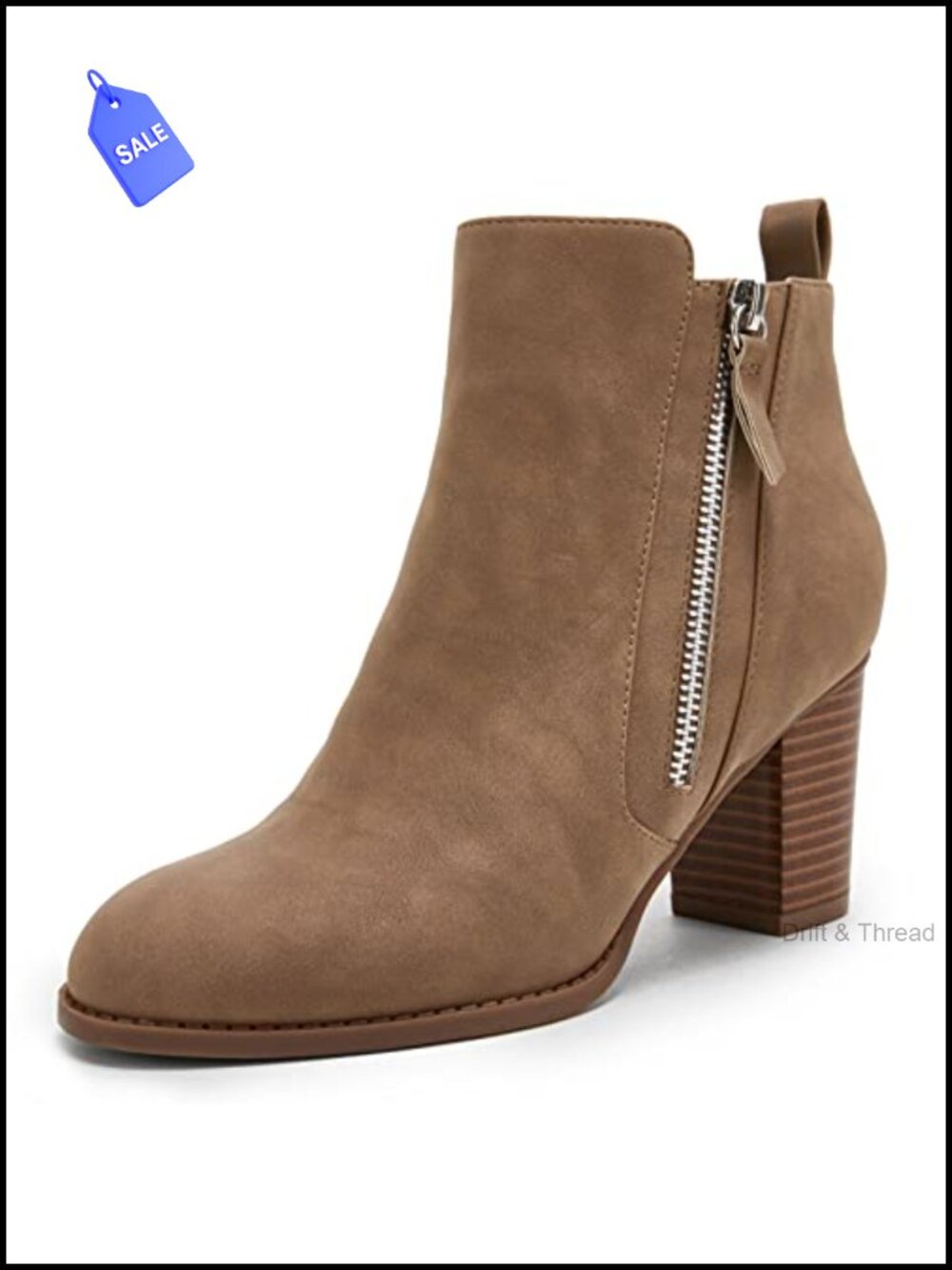 Faux Suede Ankle Boots Chunky Block Heel Pointed Toe Side Zip Booties